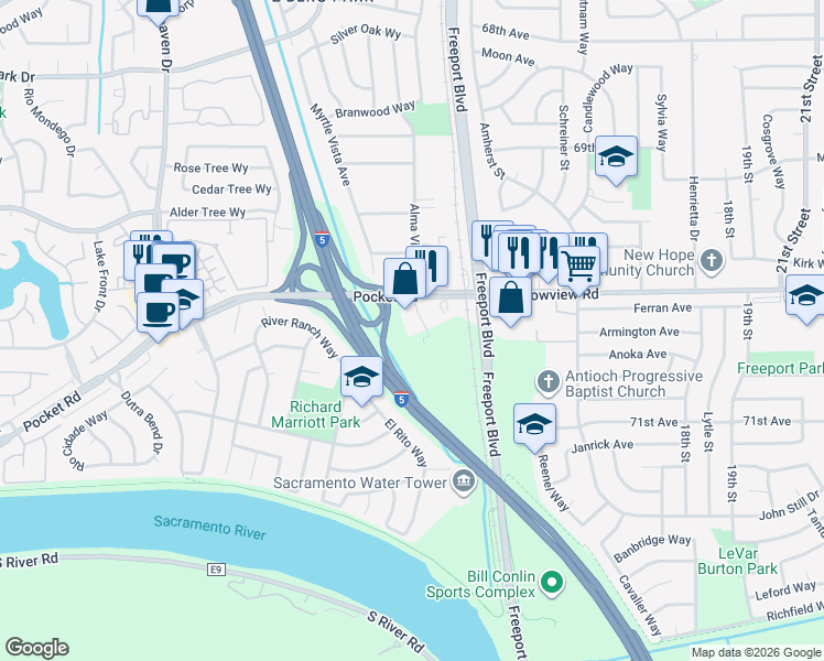 map of restaurants, bars, coffee shops, grocery stores, and more near 7600 Klotz Ranch Court in Sacramento