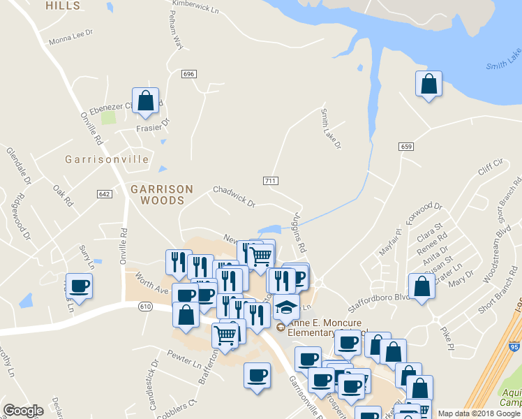 map of restaurants, bars, coffee shops, grocery stores, and more near 25 Chadwick Drive in Stafford
