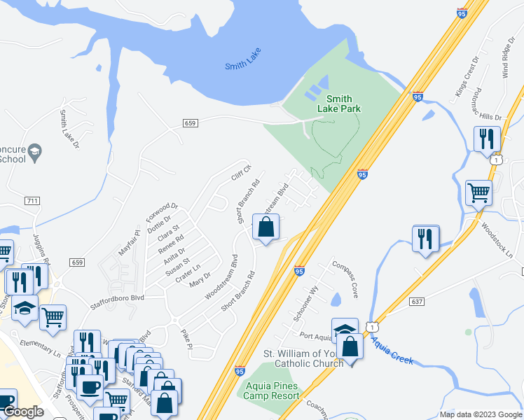 map of restaurants, bars, coffee shops, grocery stores, and more near 337 Woodstream Boulevard in Stafford