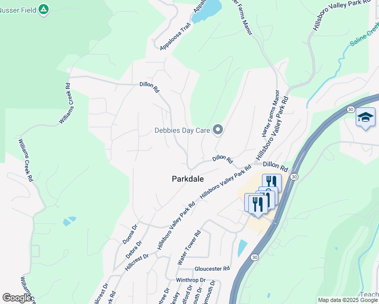 map of restaurants, bars, coffee shops, grocery stores, and more near 2140 Ridgedale Drive in High Ridge