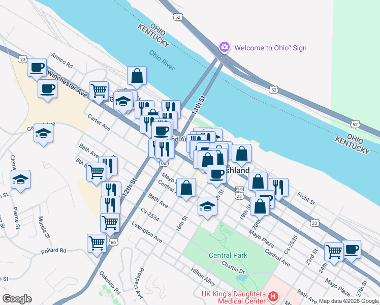 map of restaurants, bars, coffee shops, grocery stores, and more near 1401-1441 Winchester Avenue in Ashland