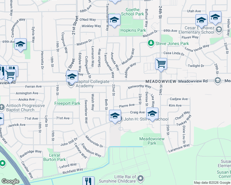 map of restaurants, bars, coffee shops, grocery stores, and more near 7633 22nd Street in Sacramento