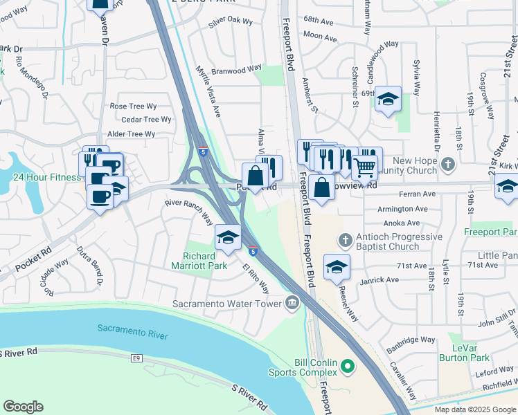 map of restaurants, bars, coffee shops, grocery stores, and more near 7600 Klotz Ranch Court in Sacramento