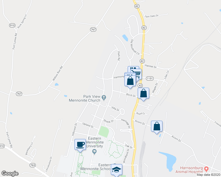 map of restaurants, bars, coffee shops, grocery stores, and more near 1640 Park Road in Harrisonburg