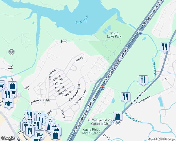 map of restaurants, bars, coffee shops, grocery stores, and more near 337 Woodstream Boulevard in Stafford