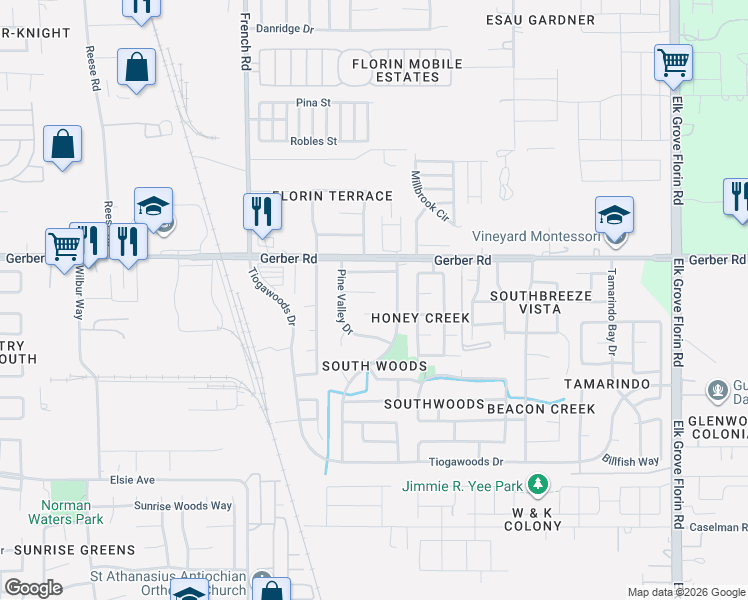 map of restaurants, bars, coffee shops, grocery stores, and more near 8624 Birch Leaf Ct in Sacramento