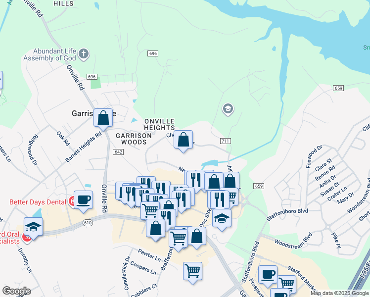 map of restaurants, bars, coffee shops, grocery stores, and more near 19 Thaxton Court in Stafford