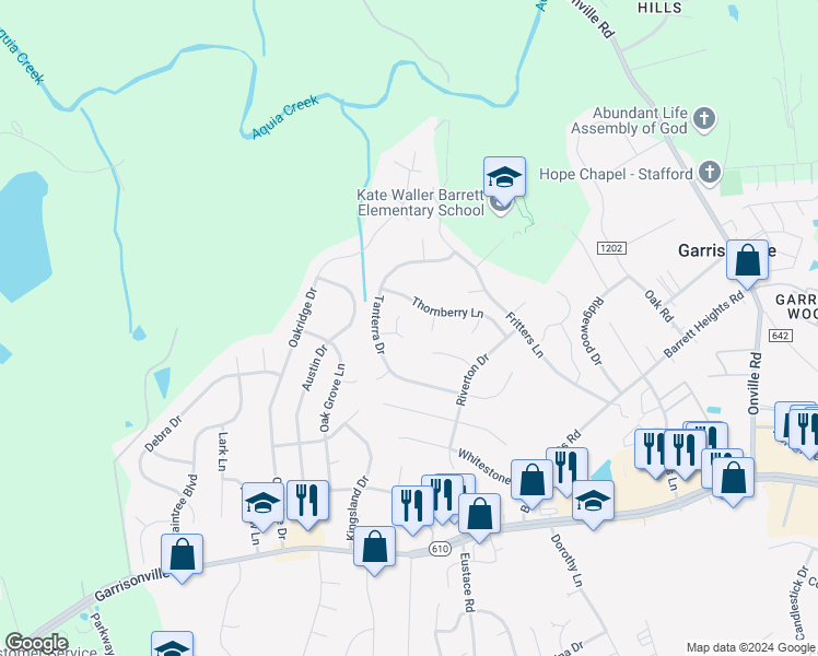 map of restaurants, bars, coffee shops, grocery stores, and more near 11 Tenbrooke Court in Stafford