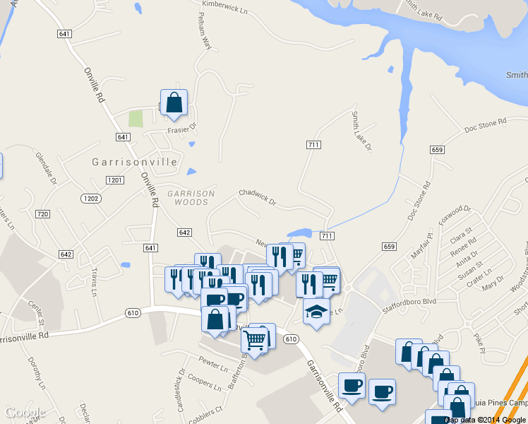 map of restaurants, bars, coffee shops, grocery stores, and more near 19 Thaxton Court in Stafford