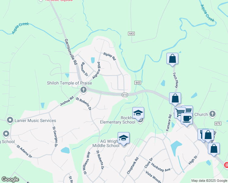 map of restaurants, bars, coffee shops, grocery stores, and more near 9 Kinser Way in Stafford