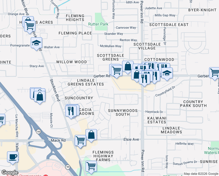 map of restaurants, bars, coffee shops, grocery stores, and more near 7629 Bogey Court in Sacramento