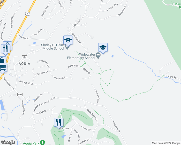 map of restaurants, bars, coffee shops, grocery stores, and more near 25 Egret Court in Stafford