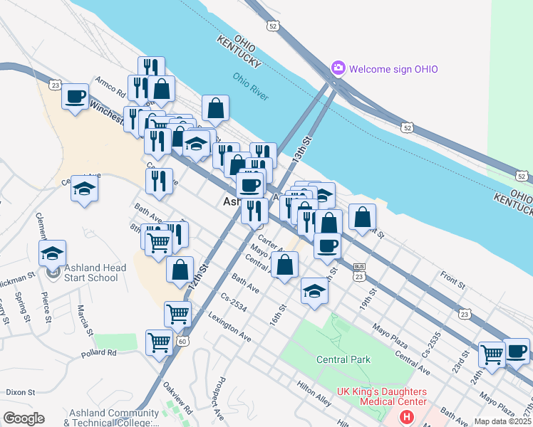 map of restaurants, bars, coffee shops, grocery stores, and more near 1304 Winchester Avenue in Ashland