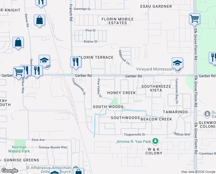 map of restaurants, bars, coffee shops, grocery stores, and more near 8624 Birch Leaf Ct in Sacramento