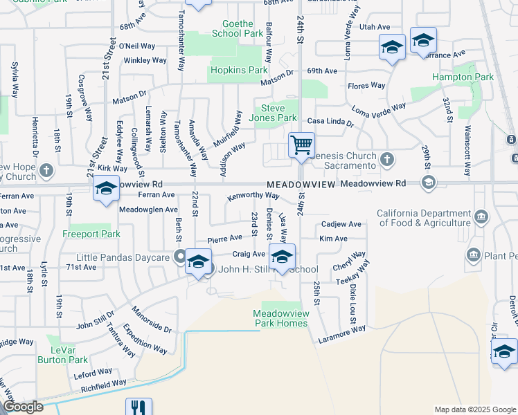 map of restaurants, bars, coffee shops, grocery stores, and more near 2295 Kenworthy Way in Sacramento