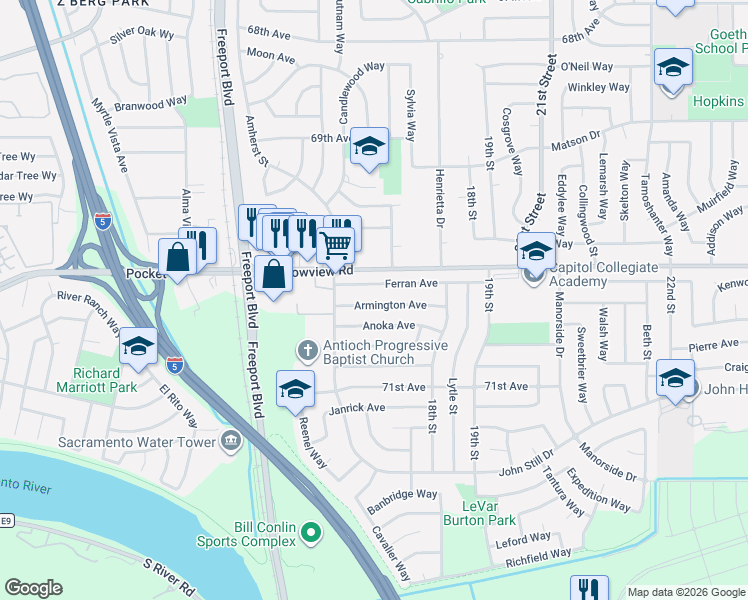 map of restaurants, bars, coffee shops, grocery stores, and more near 1573 Ferran Avenue in Sacramento