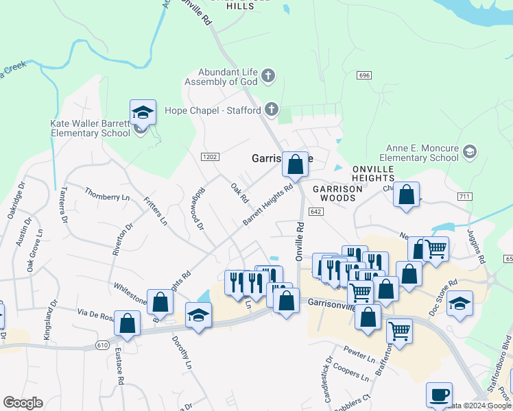 map of restaurants, bars, coffee shops, grocery stores, and more near 143 Barrett Heights Road in Stafford