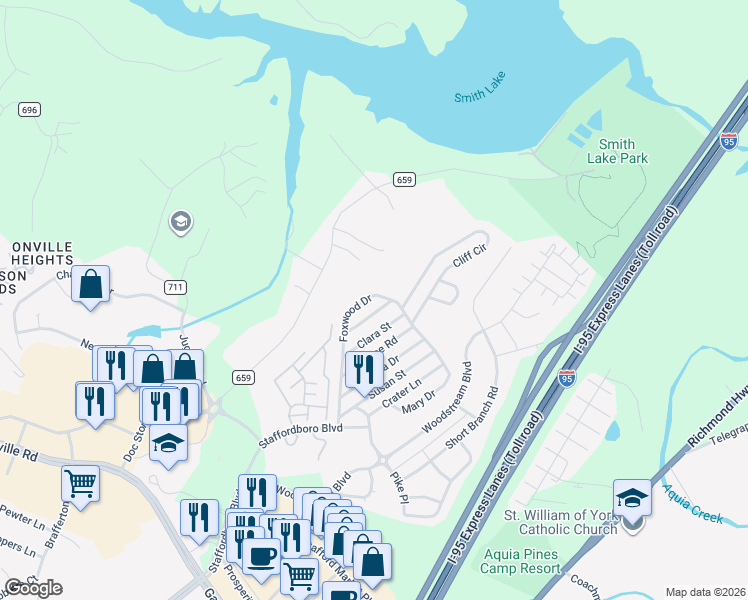map of restaurants, bars, coffee shops, grocery stores, and more near 72 Foxwood Drive in Stafford