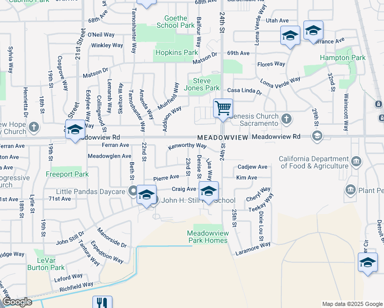 map of restaurants, bars, coffee shops, grocery stores, and more near 2295 Kenworthy Way in Sacramento