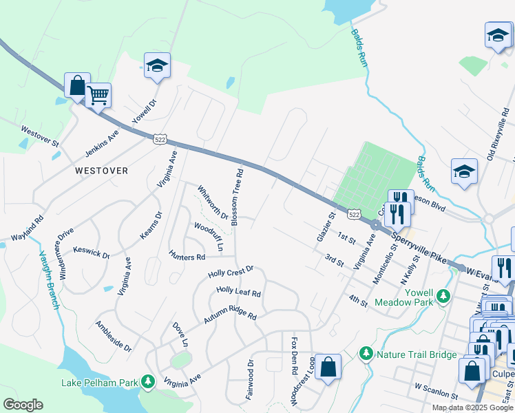 map of restaurants, bars, coffee shops, grocery stores, and more near 404 Covington Street in Culpeper