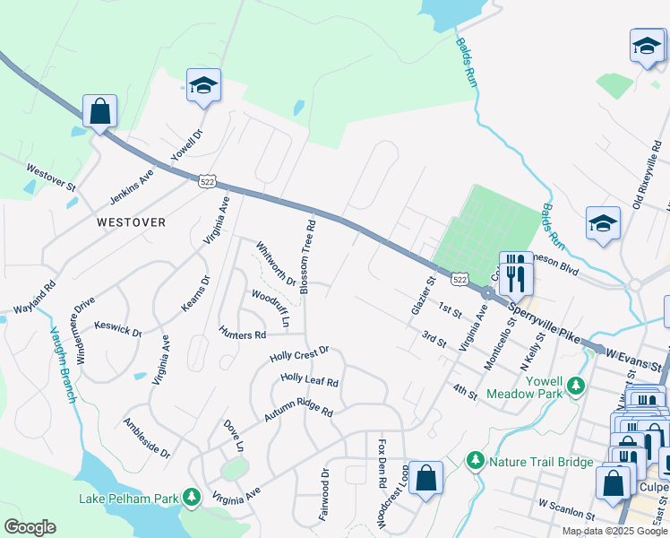 map of restaurants, bars, coffee shops, grocery stores, and more near 404 Covington Street in Culpeper