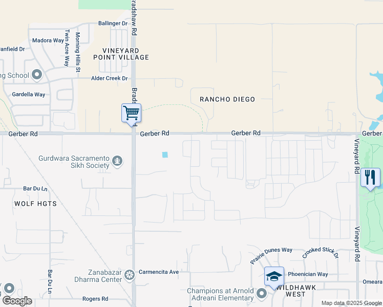 map of restaurants, bars, coffee shops, grocery stores, and more near 9789 Gerber Road in Sacramento
