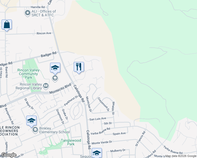 map of restaurants, bars, coffee shops, grocery stores, and more near 844 Vaughn Court in Santa Rosa