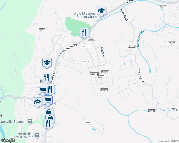 map of restaurants, bars, coffee shops, grocery stores, and more near 1701 Winding Hill Drive in Sissonville
