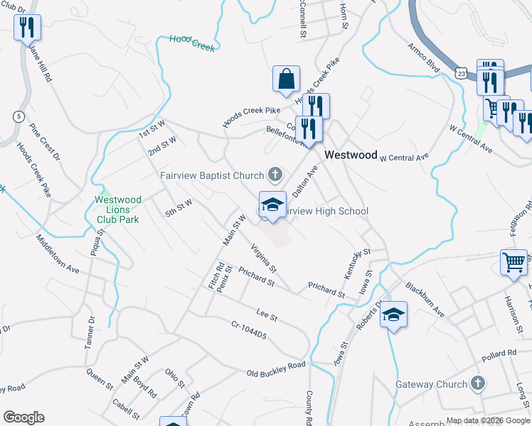 map of restaurants, bars, coffee shops, grocery stores, and more near 601-799 Unrue St in Ashland