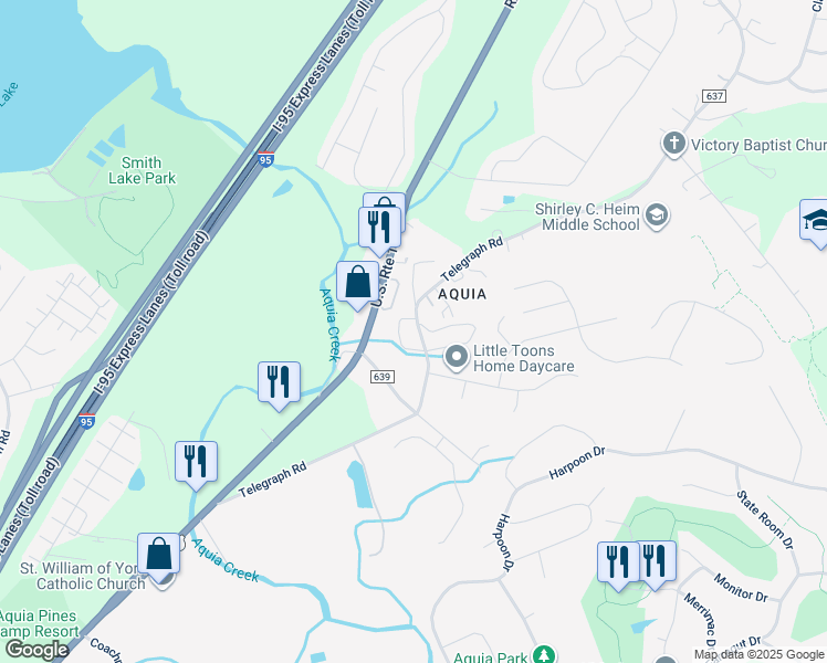 map of restaurants, bars, coffee shops, grocery stores, and more near 179 Telegraph Road in Stafford