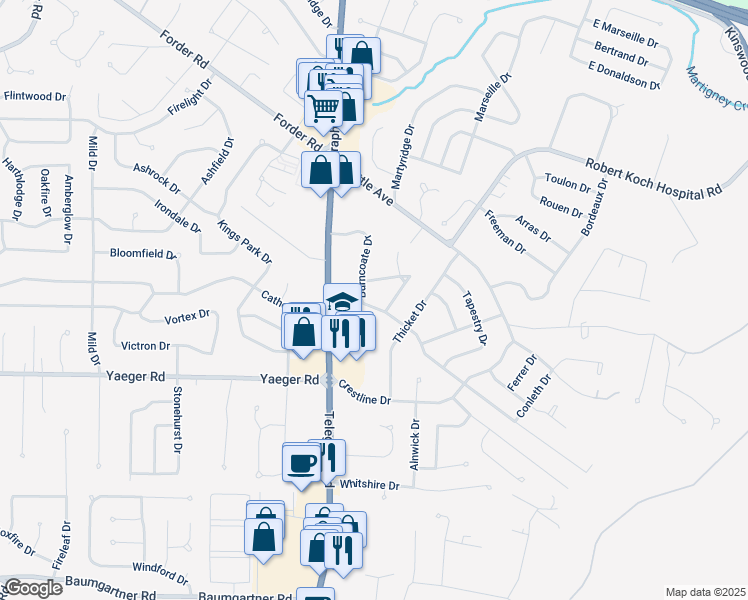 map of restaurants, bars, coffee shops, grocery stores, and more near 45 Burncoate Drive in St. Louis