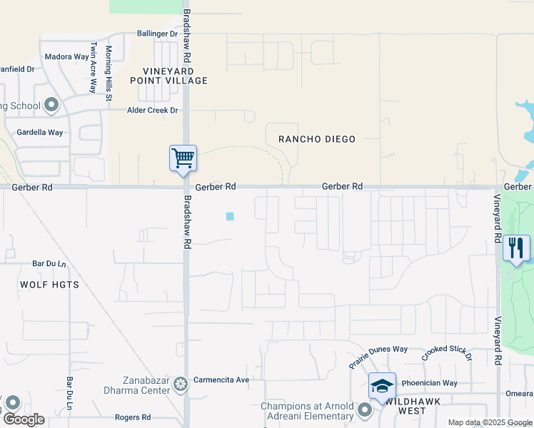 map of restaurants, bars, coffee shops, grocery stores, and more near 9789 Gerber Road in Sacramento