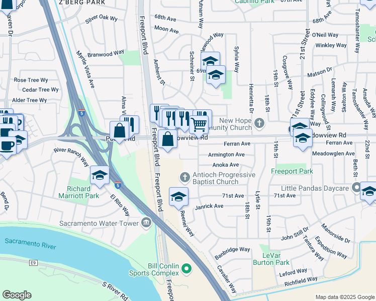 map of restaurants, bars, coffee shops, grocery stores, and more near 7600 Amherst Street in Sacramento