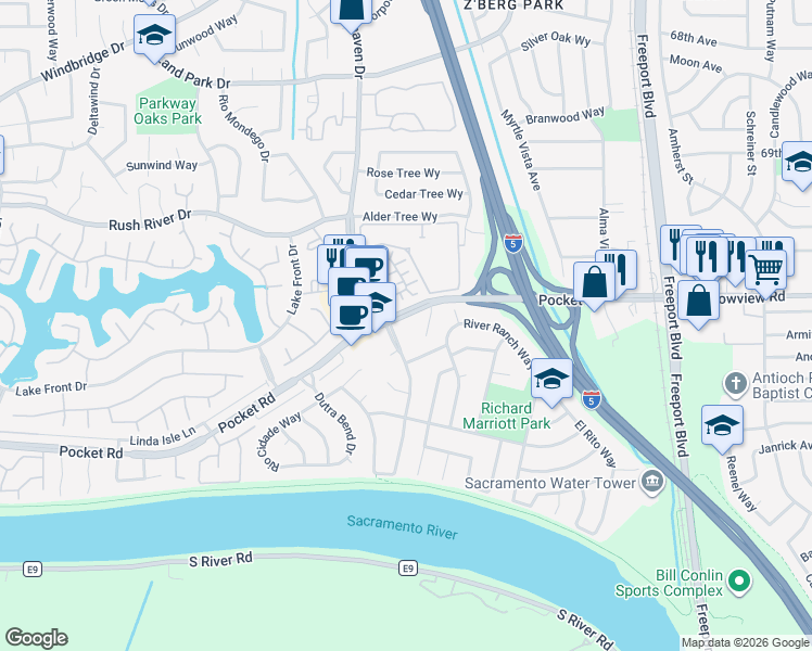 map of restaurants, bars, coffee shops, grocery stores, and more near 12 Paisan Court in Sacramento