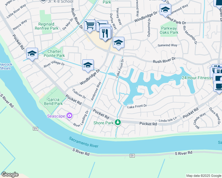map of restaurants, bars, coffee shops, grocery stores, and more near 708 Lake Front Drive in Sacramento