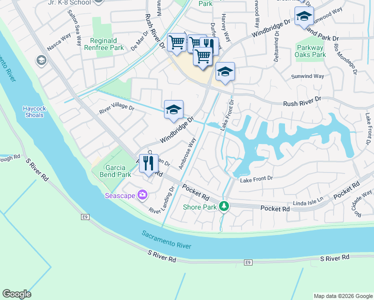 map of restaurants, bars, coffee shops, grocery stores, and more near 7622 Kavooras Drive in Sacramento