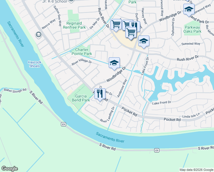 map of restaurants, bars, coffee shops, grocery stores, and more near 7707 Windbridge Drive in Sacramento