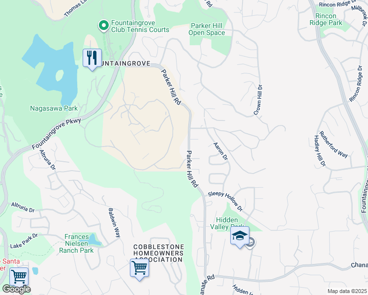 map of restaurants, bars, coffee shops, grocery stores, and more near 3555 Parker Hill Road in Santa Rosa