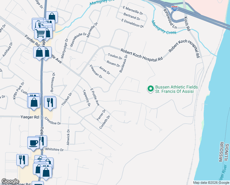 map of restaurants, bars, coffee shops, grocery stores, and more near 4293 Snelson Drive in St. Louis