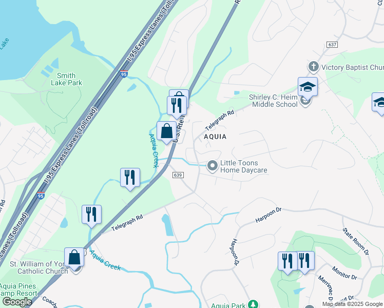 map of restaurants, bars, coffee shops, grocery stores, and more near 179 Telegraph Road in Stafford