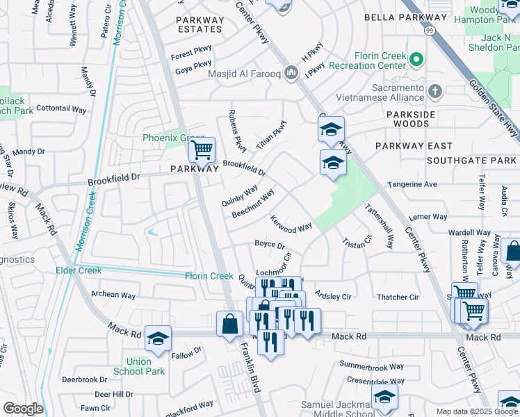 map of restaurants, bars, coffee shops, grocery stores, and more near 4612 Beechnut Way in Sacramento