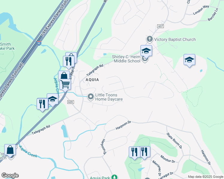 map of restaurants, bars, coffee shops, grocery stores, and more near 29 Bismark Drive in Stafford