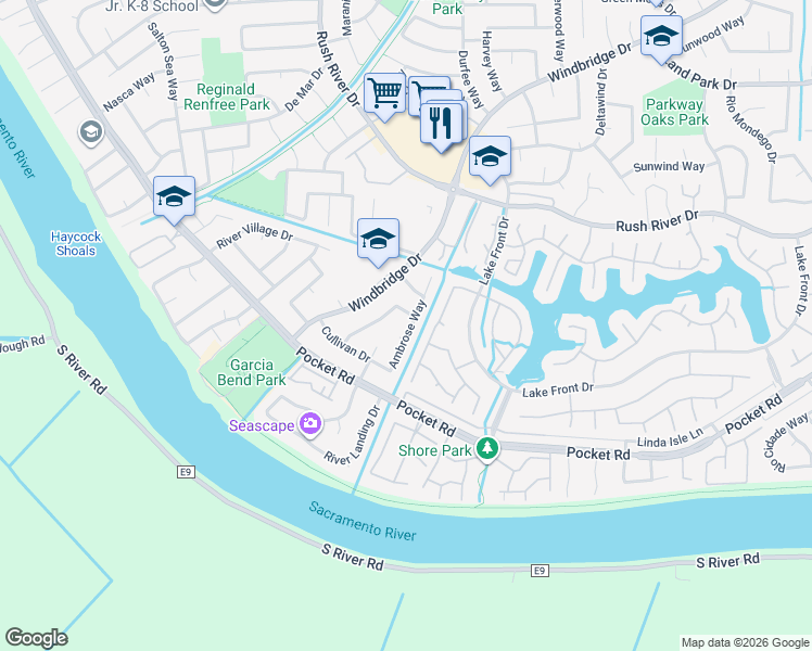 map of restaurants, bars, coffee shops, grocery stores, and more near 7622 Kavooras Drive in Sacramento