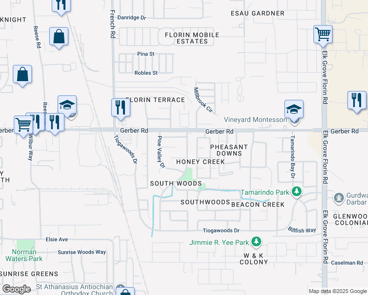 map of restaurants, bars, coffee shops, grocery stores, and more near 8628 Walnut Ridge Way in Sacramento