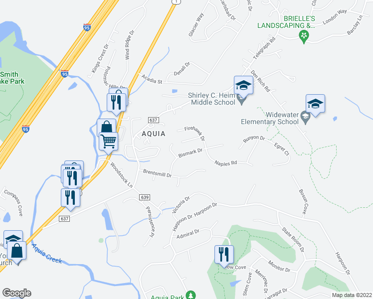 map of restaurants, bars, coffee shops, grocery stores, and more near 29 Bismark Drive in Stafford