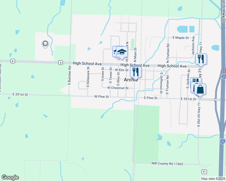 map of restaurants, bars, coffee shops, grocery stores, and more near 306 West Chestnut Street in Archie
