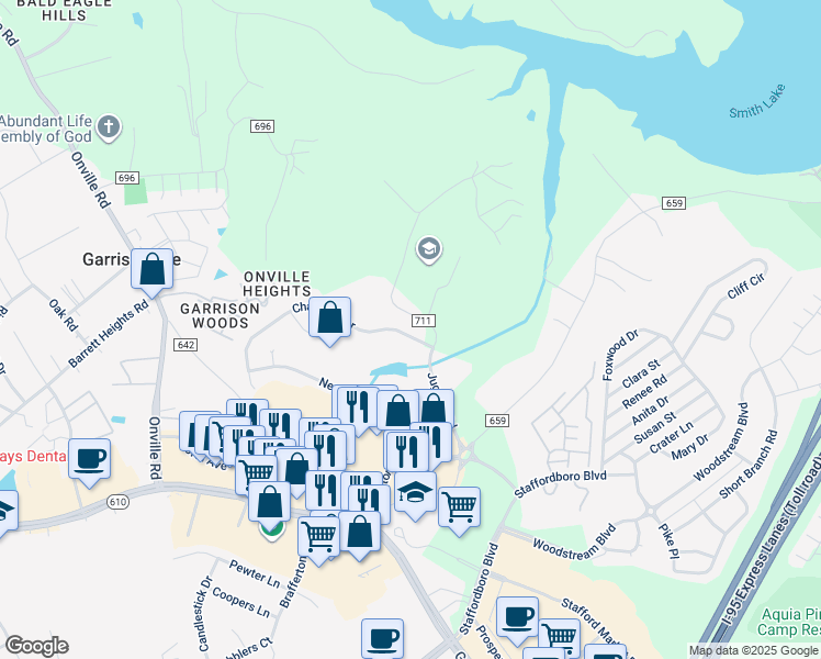 map of restaurants, bars, coffee shops, grocery stores, and more near 12 Chadwick Drive in Stafford