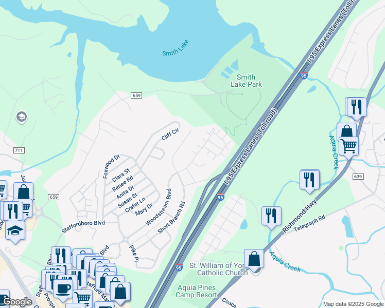 map of restaurants, bars, coffee shops, grocery stores, and more near 109 Bellingham Drive in Stafford