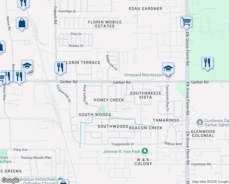 map of restaurants, bars, coffee shops, grocery stores, and more near 7623 Pekoe Way in Sacramento