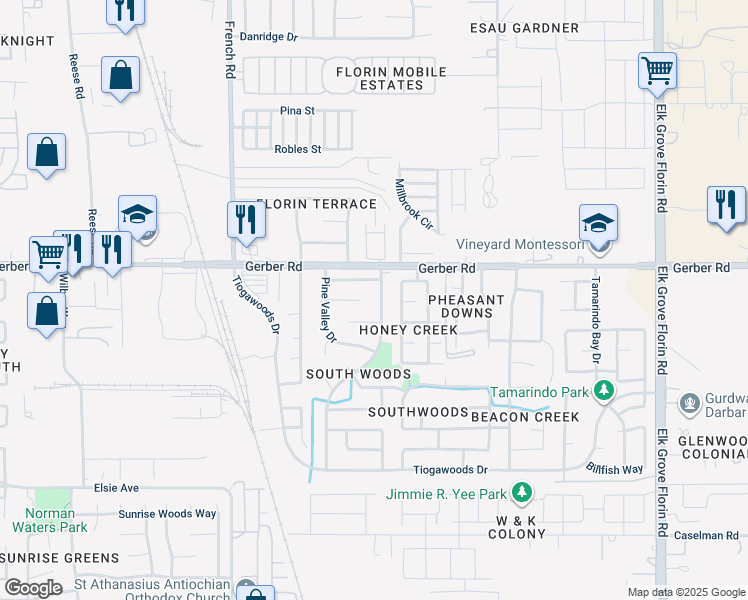 map of restaurants, bars, coffee shops, grocery stores, and more near 8628 Walnut Ridge Way in Sacramento